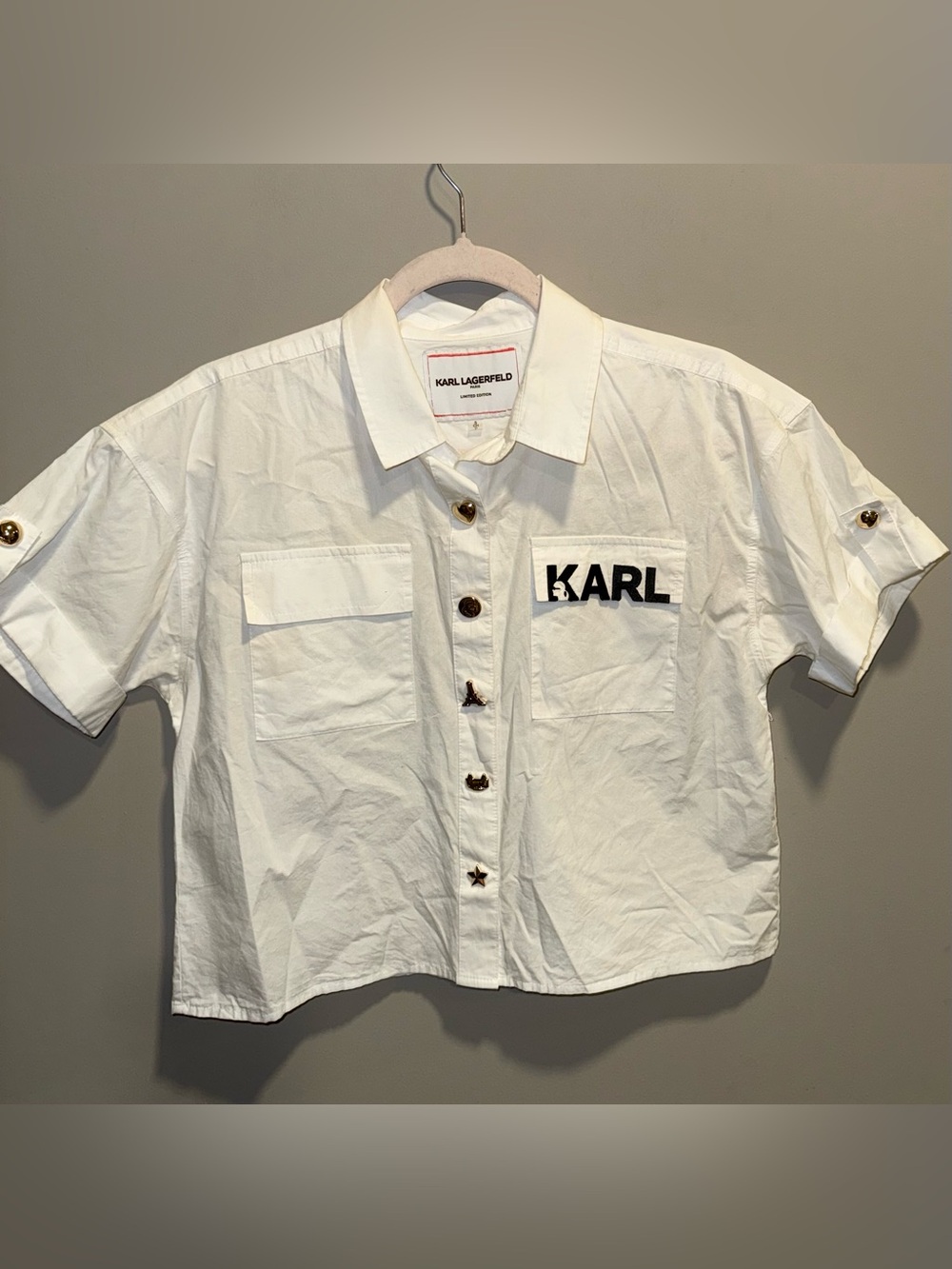 Karl Lagerfeld White Cropped Button-Front Logo Shirt